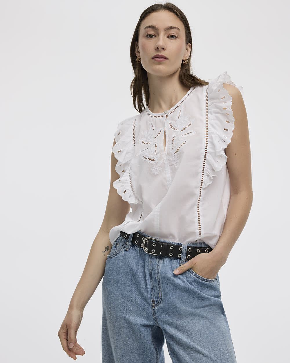Extended-Sleeve Crew-Neck Blouse with Emboideries