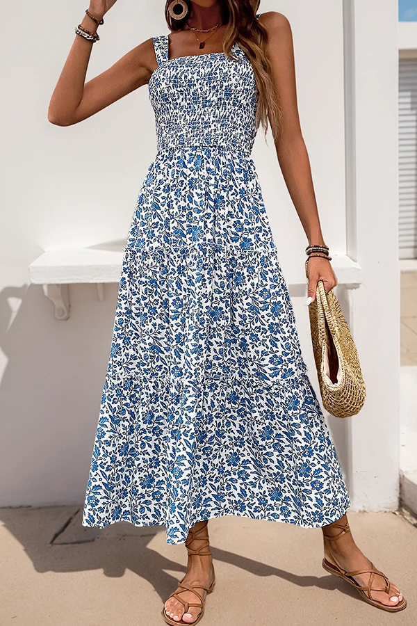 Fashion Smocked Floral Print Casual Dress