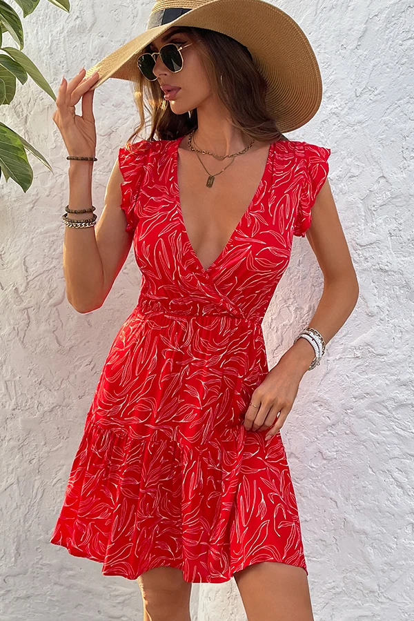 Fashion Printed V Neck Casual Mini Dress