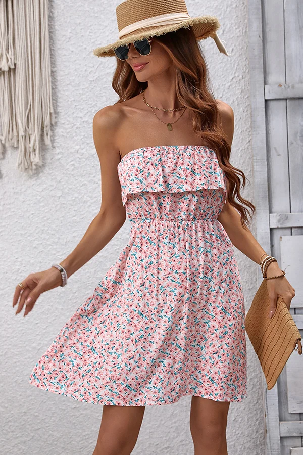 Fahsion Floral Bandeau Ruffle Casual Dress