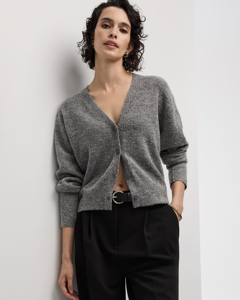 Long-Sleeve V-Neck Cardigan with Rhinestones