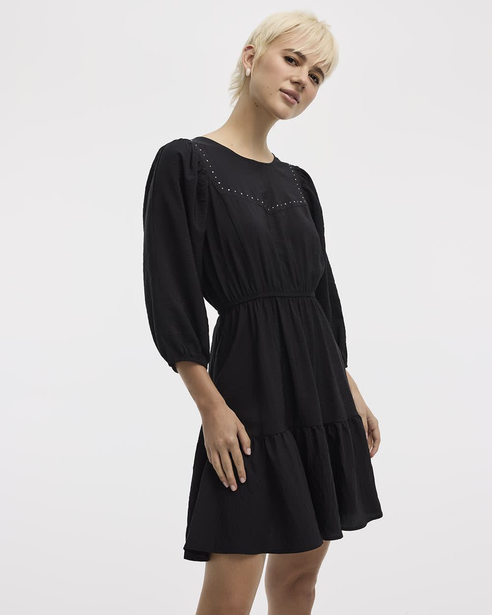 Puffy-Elbow-Sleeve Dress with Crew Neckline